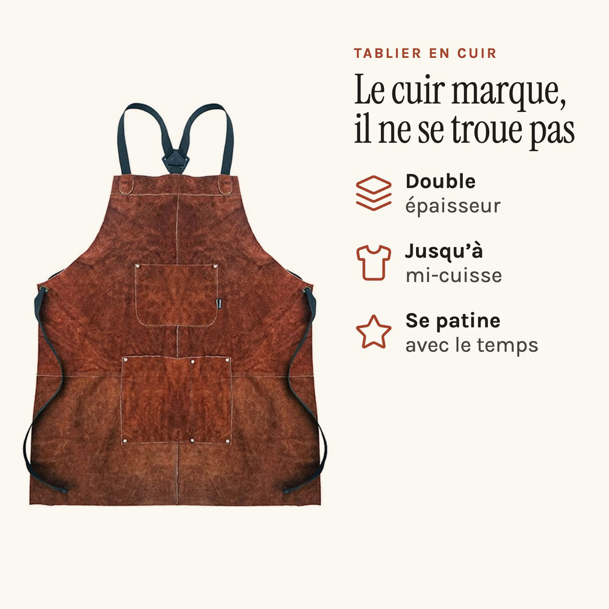 Tablier en cuir de vache pour homme, cuir qui se patine