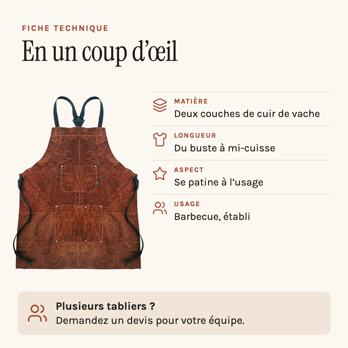 Tablier en cuir de vache pour homme, fiche technique