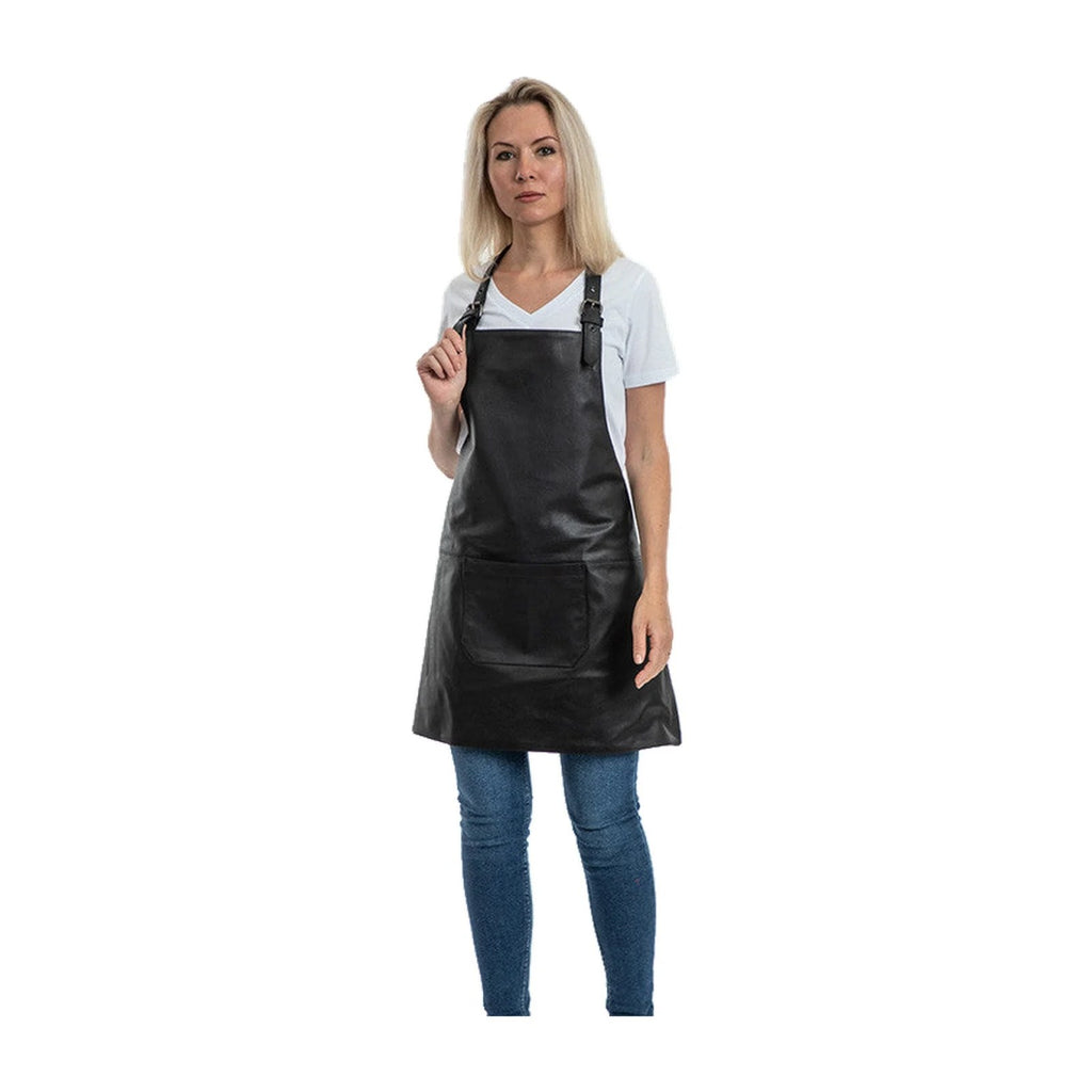 Lederschürze, Schwarz, getragen