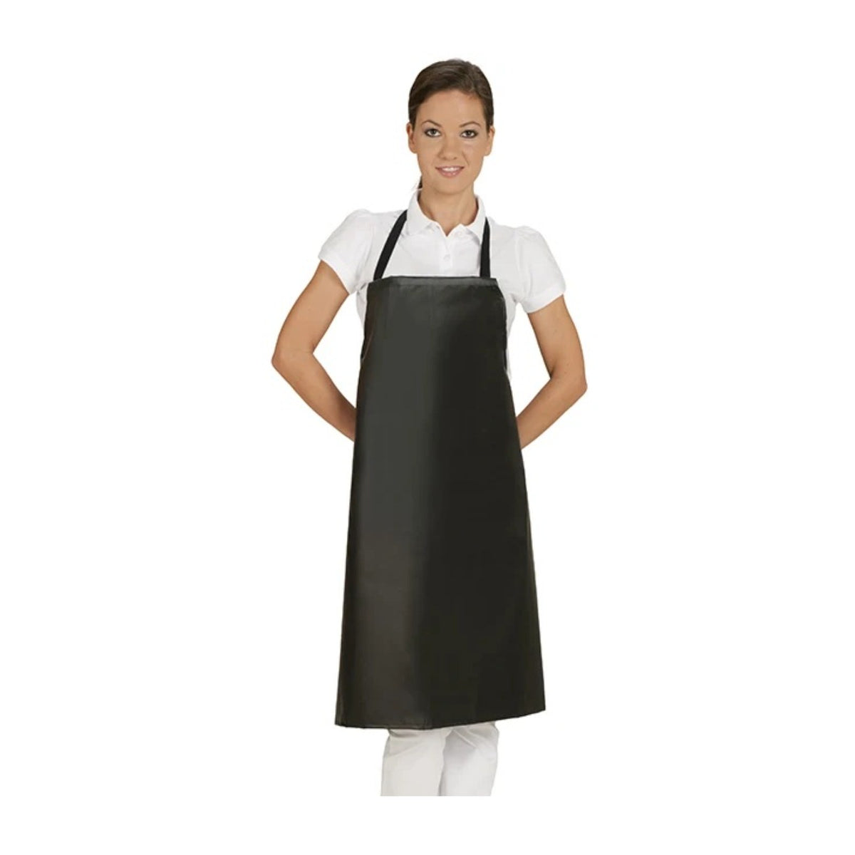Tablier en plastique imperméable, coloris noir, porté