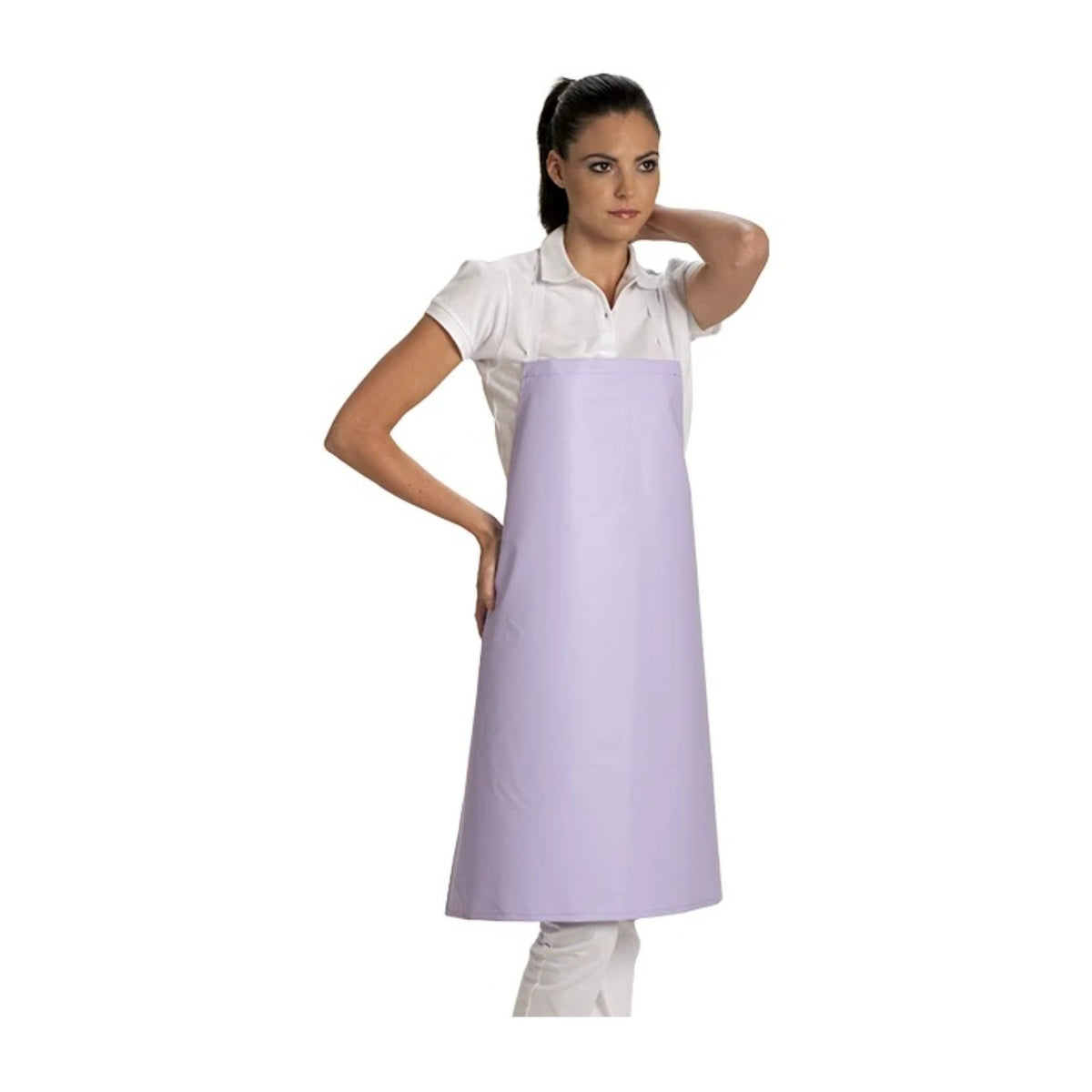 Tablier en plastique imperméable, coloris parme, porté