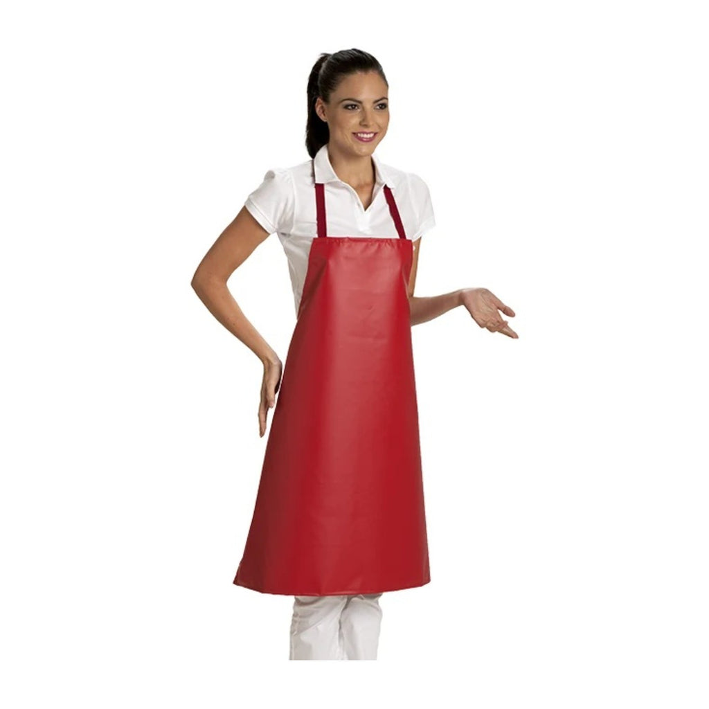 Tablier en plastique imperméable, coloris rouge, porté