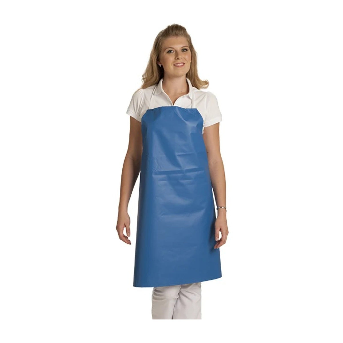 Tablier en plastique imperméable, coloris turquoise, porté