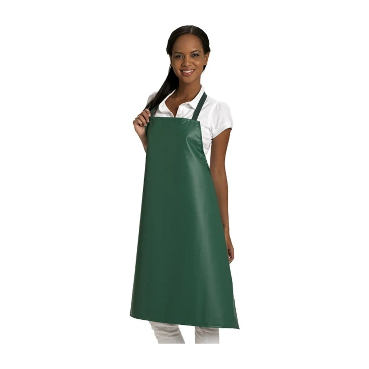 Tablier en plastique imperméable, coloris vert foncé, porté