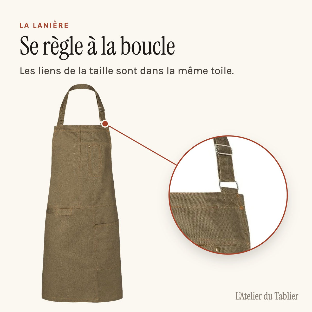 Kochschürze Canvas Khaki, Halsband mit Schnalle verstellbar