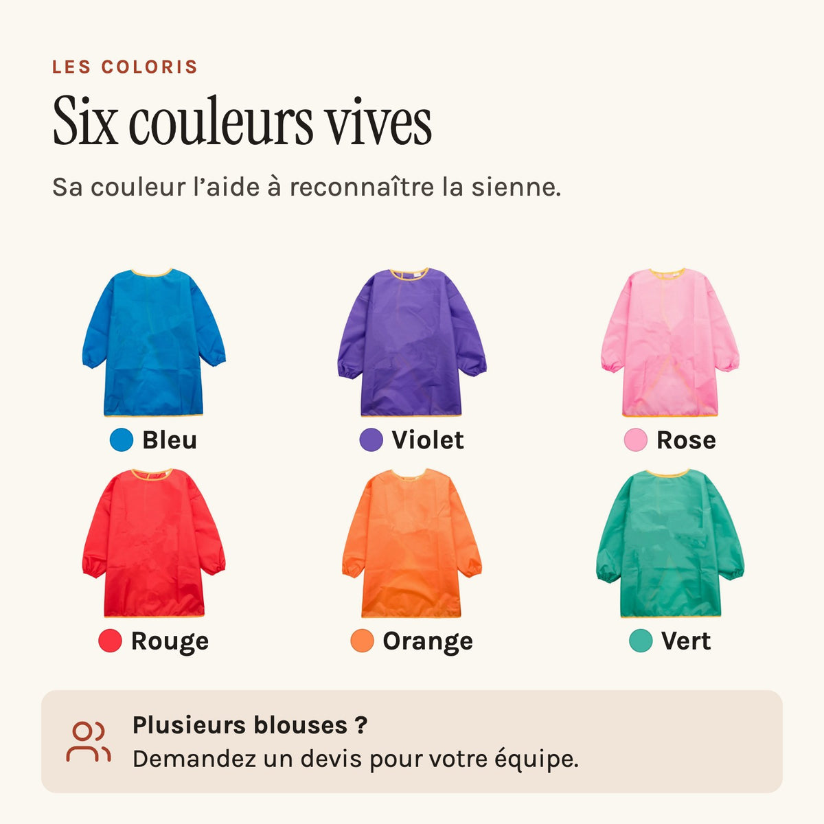 Blouse maternelle unie à manches longues, fermée par un scratch, les six couleurs