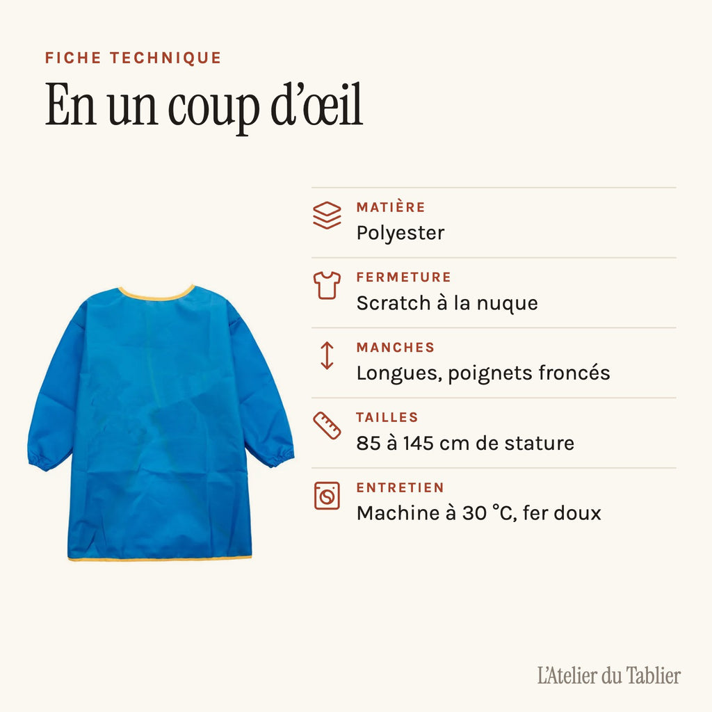 Blouse maternelle unie à manches longues, fermée par un scratch, fiche technique