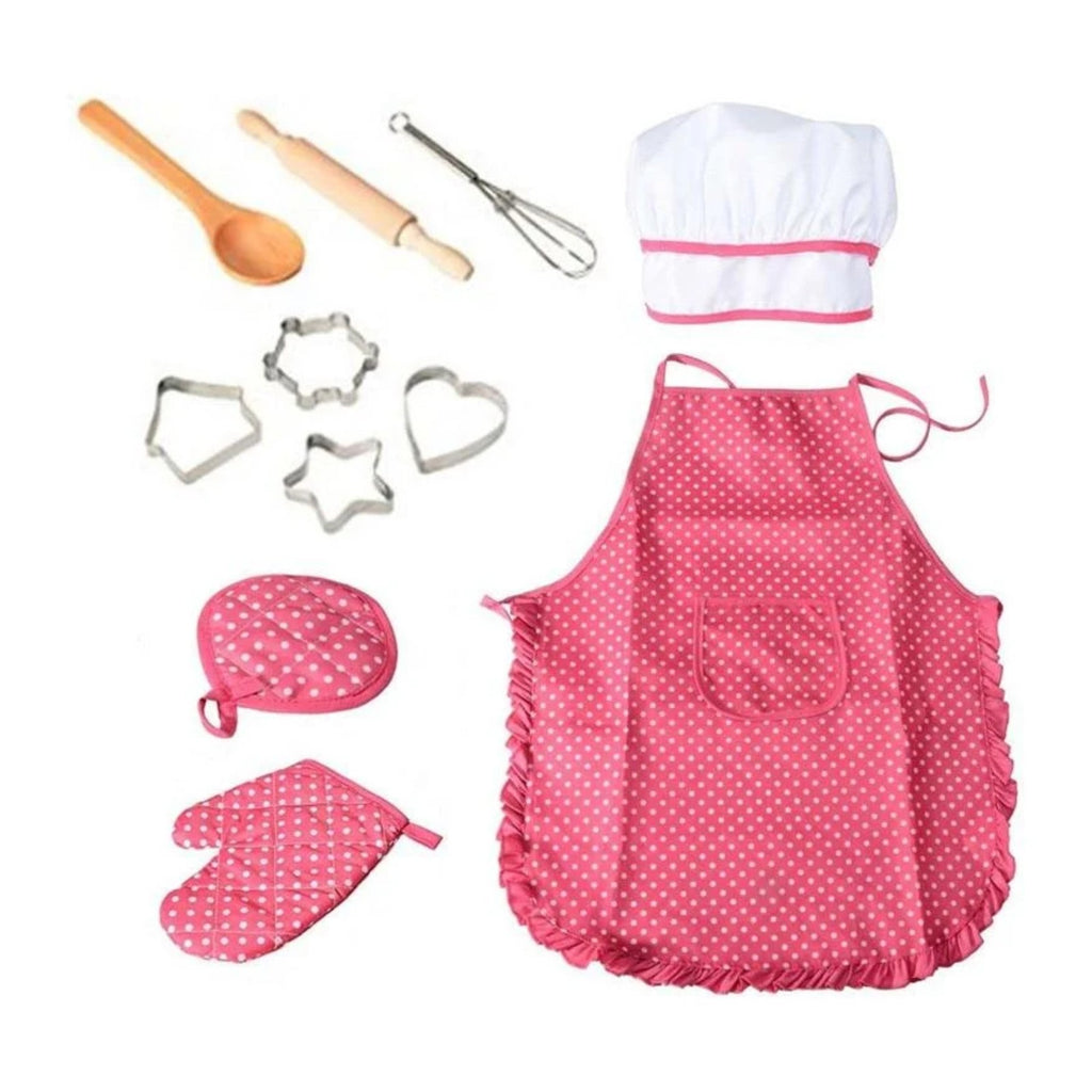 Kinder-Kochschürze mit Kochmütze, Rosa, mit Mütze und Utensilien
