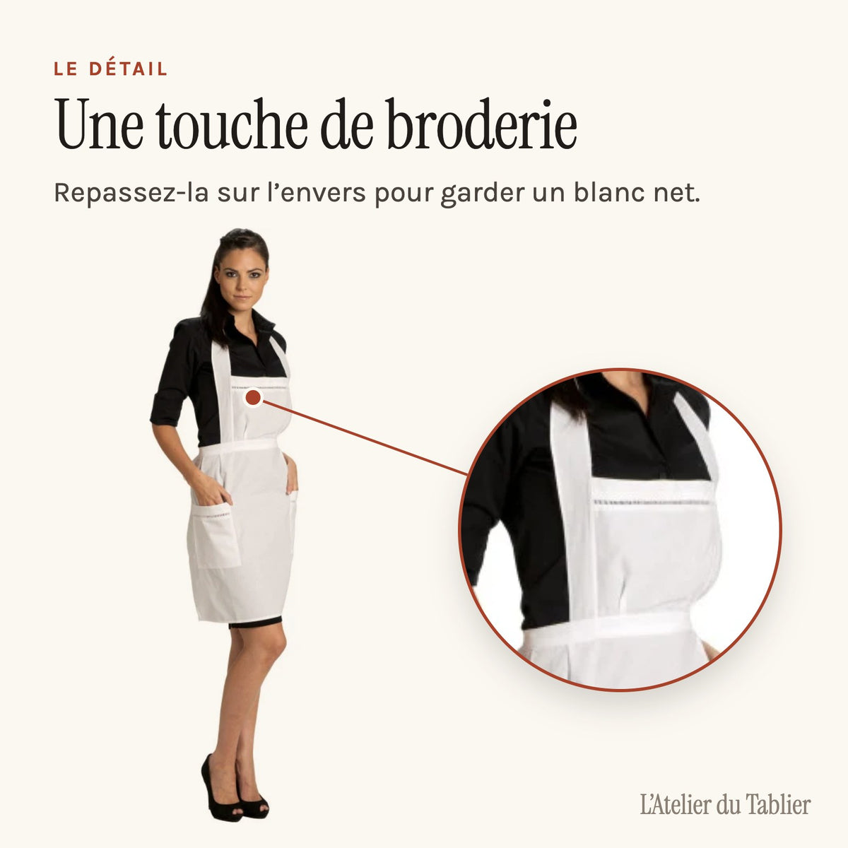 Tablier femme de chambre blanc, broderie anglaise de la bavette