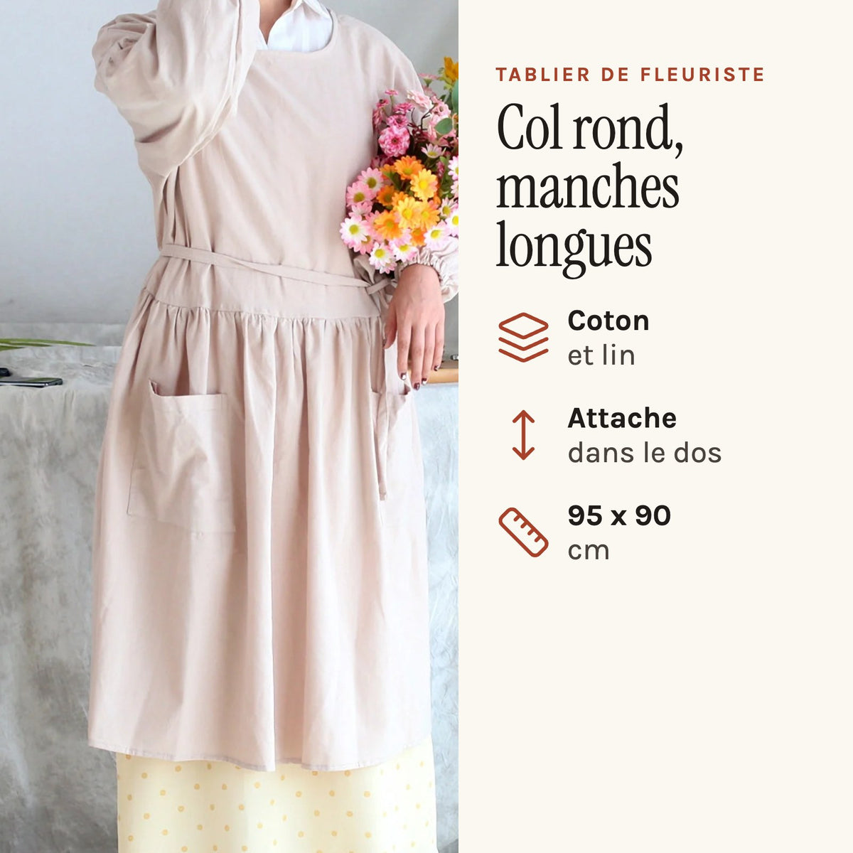 Floristenschürze mit langen Ärmeln, Beige, getragen