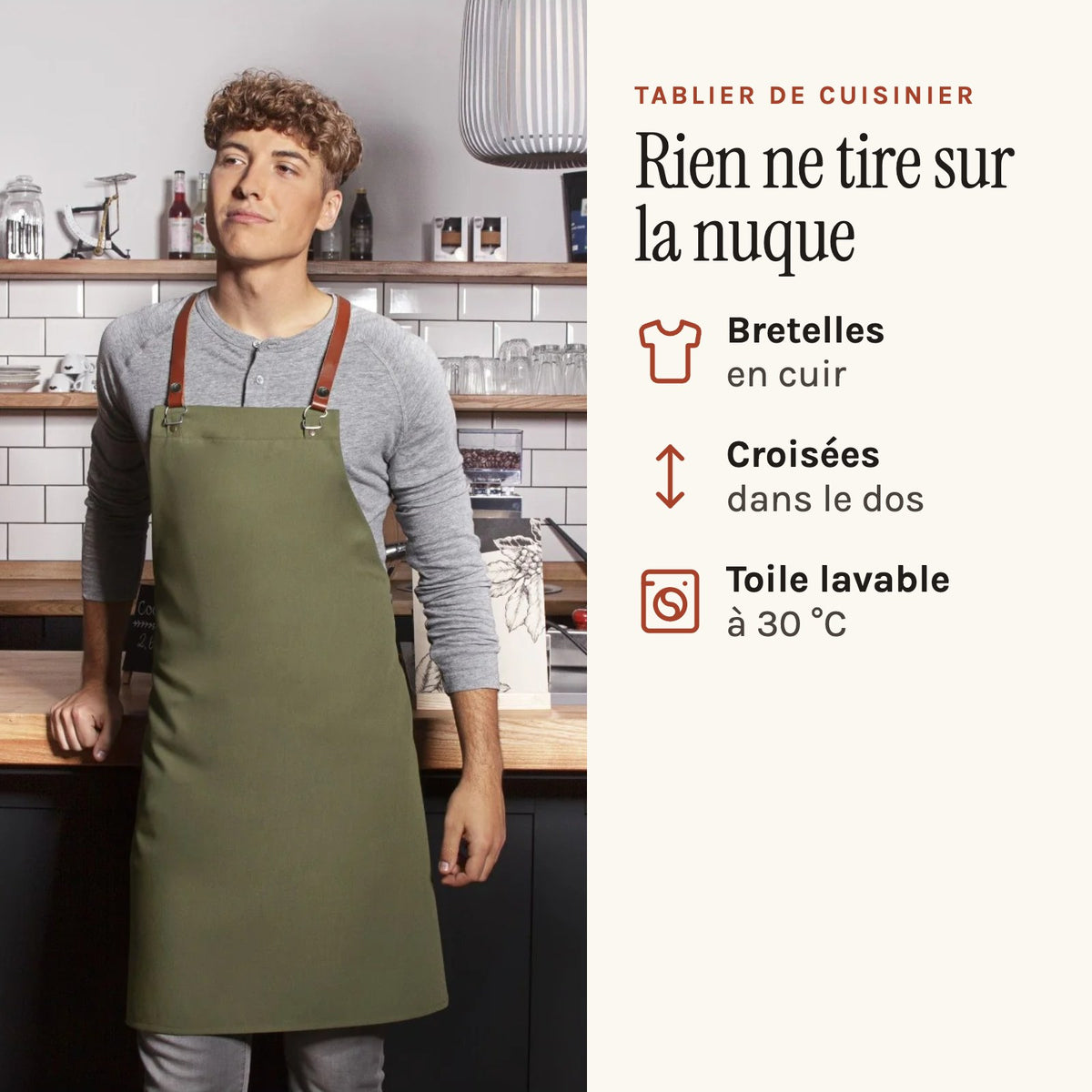 Tablier de Cuisinier, bretelles croisées en cuir, photo et points clés