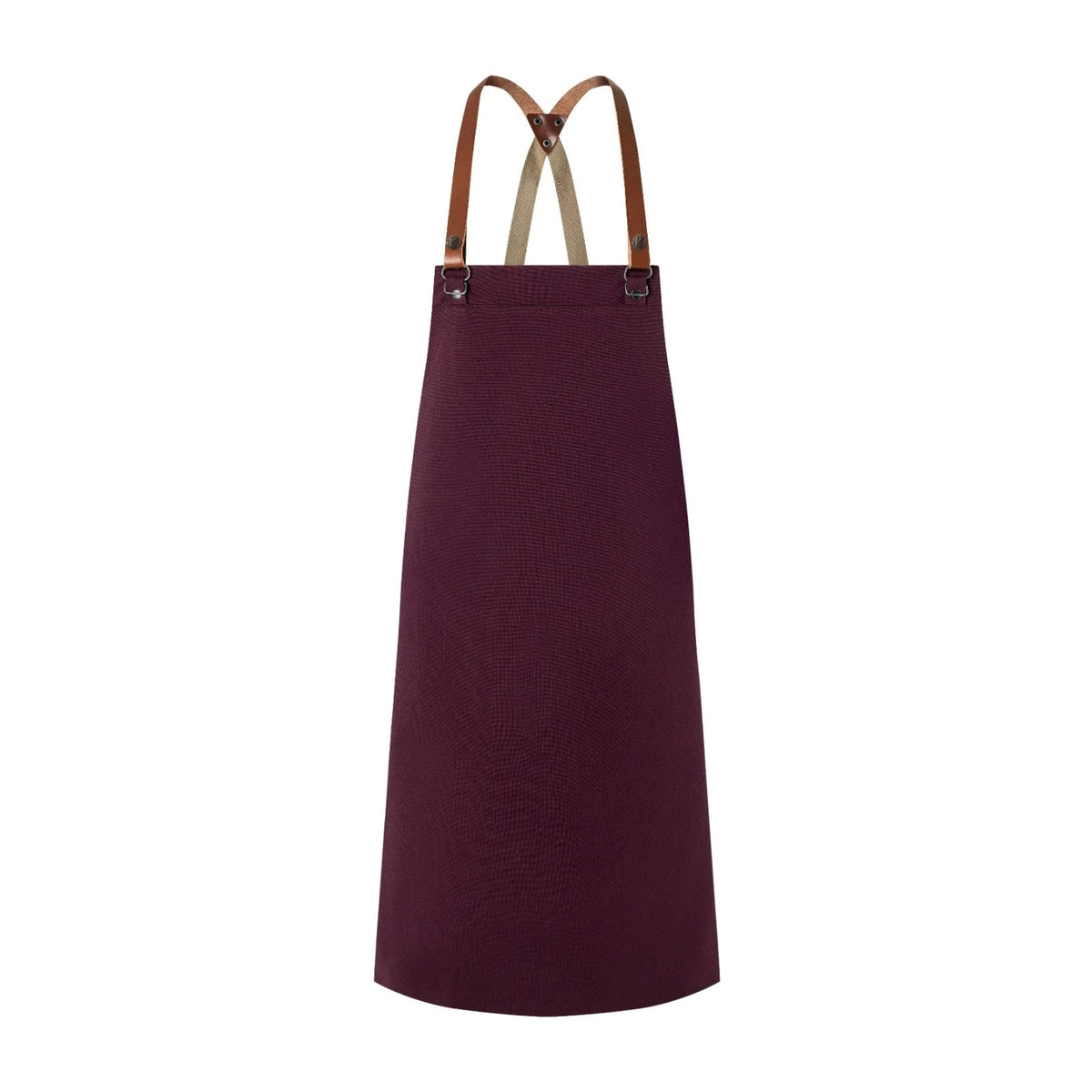 Tablier de Cuisinier, bretelles croisées en cuir, aubergine, de face