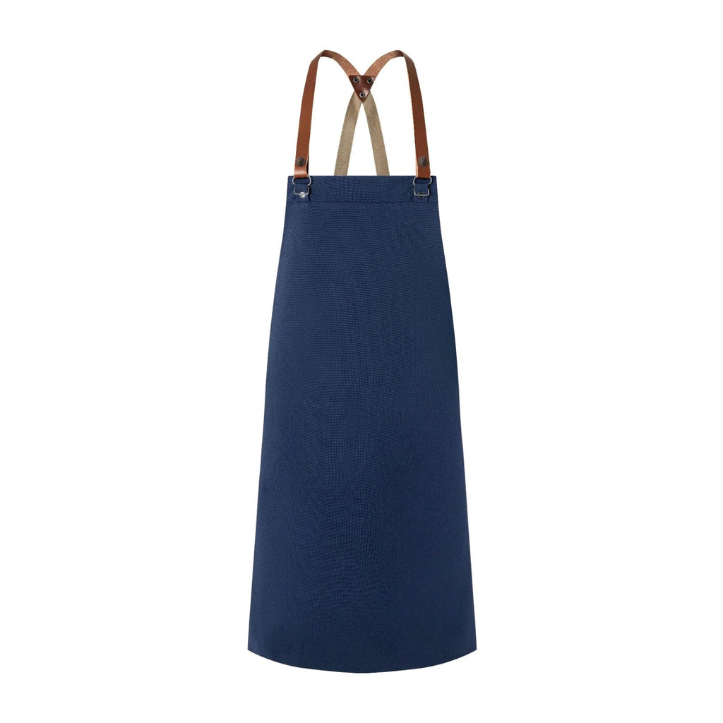 Tablier de Cuisinier, bretelles croisées en cuir, bleu acier, de face