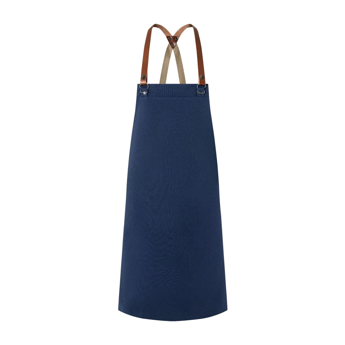 Tablier de Cuisinier, bretelles croisées en cuir, bleu acier, de face