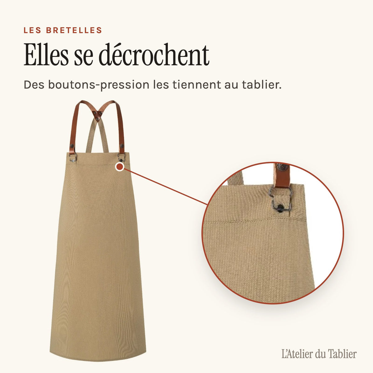 Tablier de Cuisinier, bretelles croisées en cuir, bretelles fixées par boutons-pression
