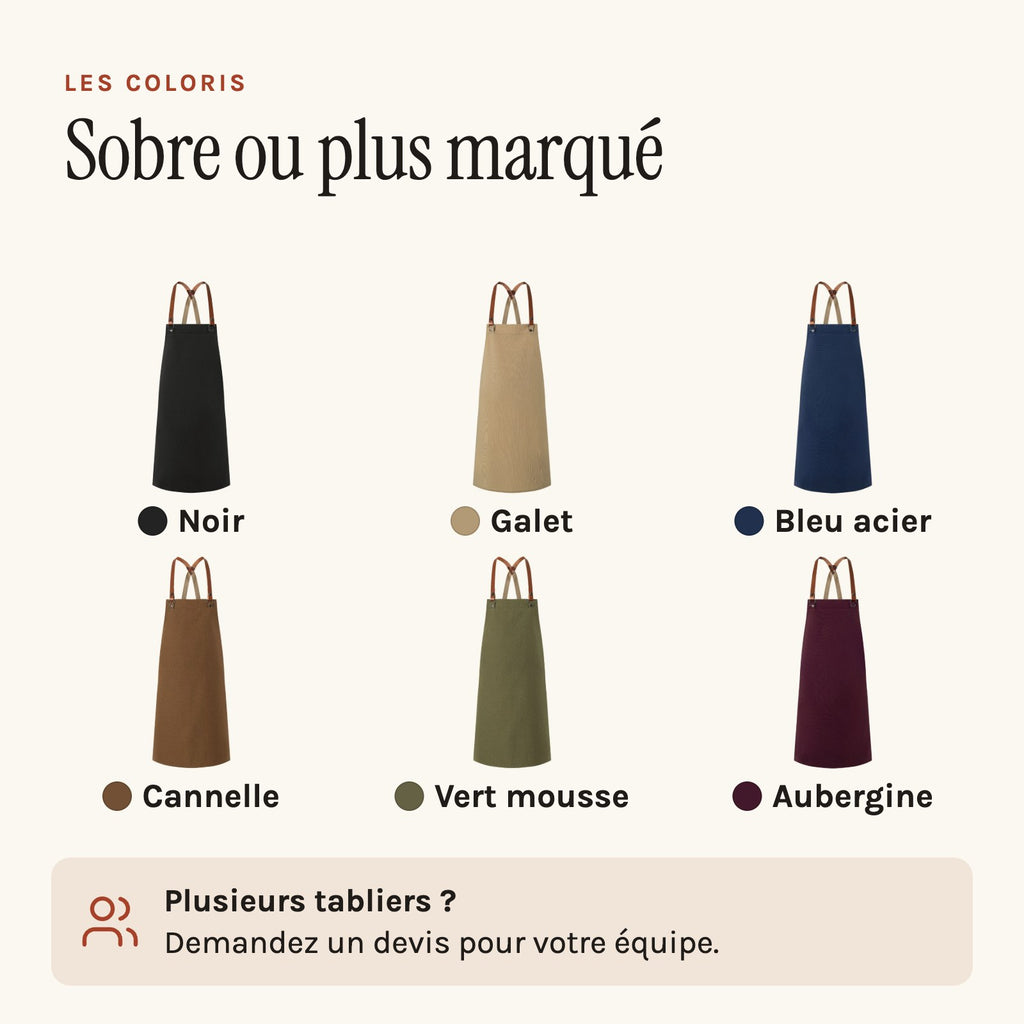 Tablier de Cuisinier, bretelles croisées en cuir, les coloris