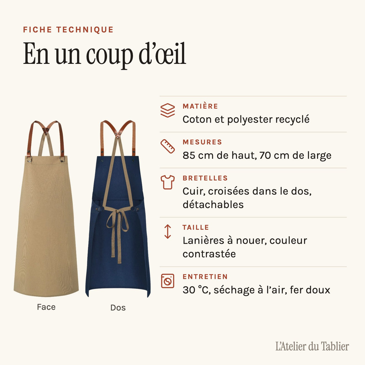 Tablier de Cuisinier, bretelles croisées en cuir, fiche technique