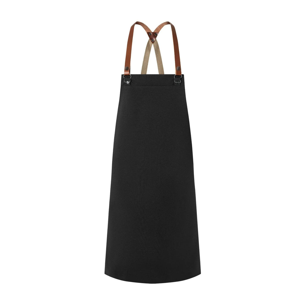 Tablier de Cuisinier, bretelles croisées en cuir, noir, de face