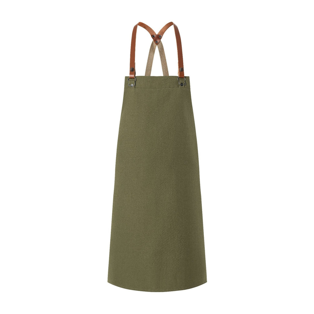 Tablier de Cuisinier, bretelles croisées en cuir, vert mousse, de face