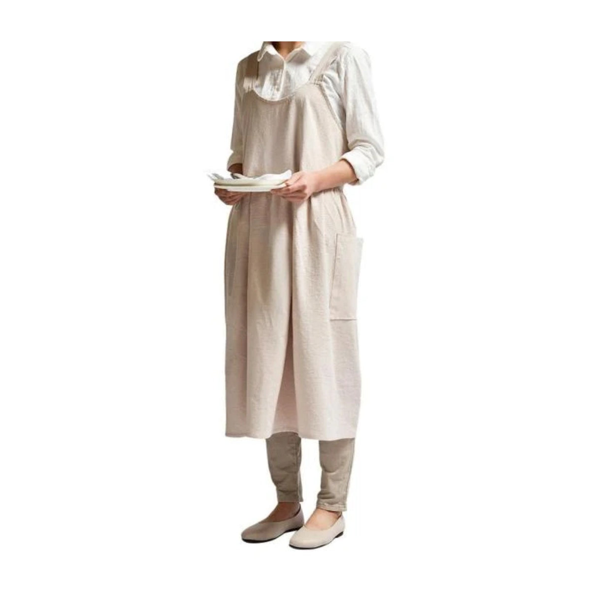 Lange japanische Kochschürze aus Leinen, 105 cm, Khaki, getragen