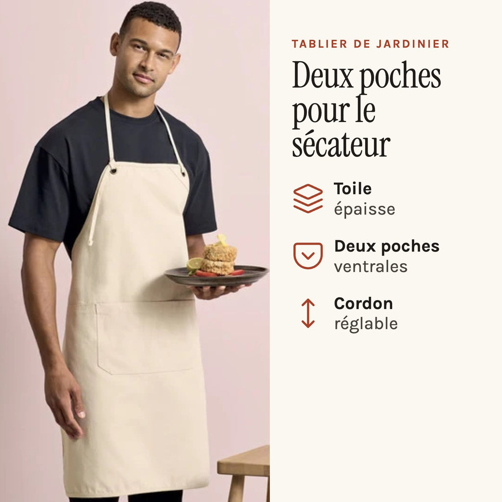 Tablier jardinier homme en toile épaisse, naturel, porté