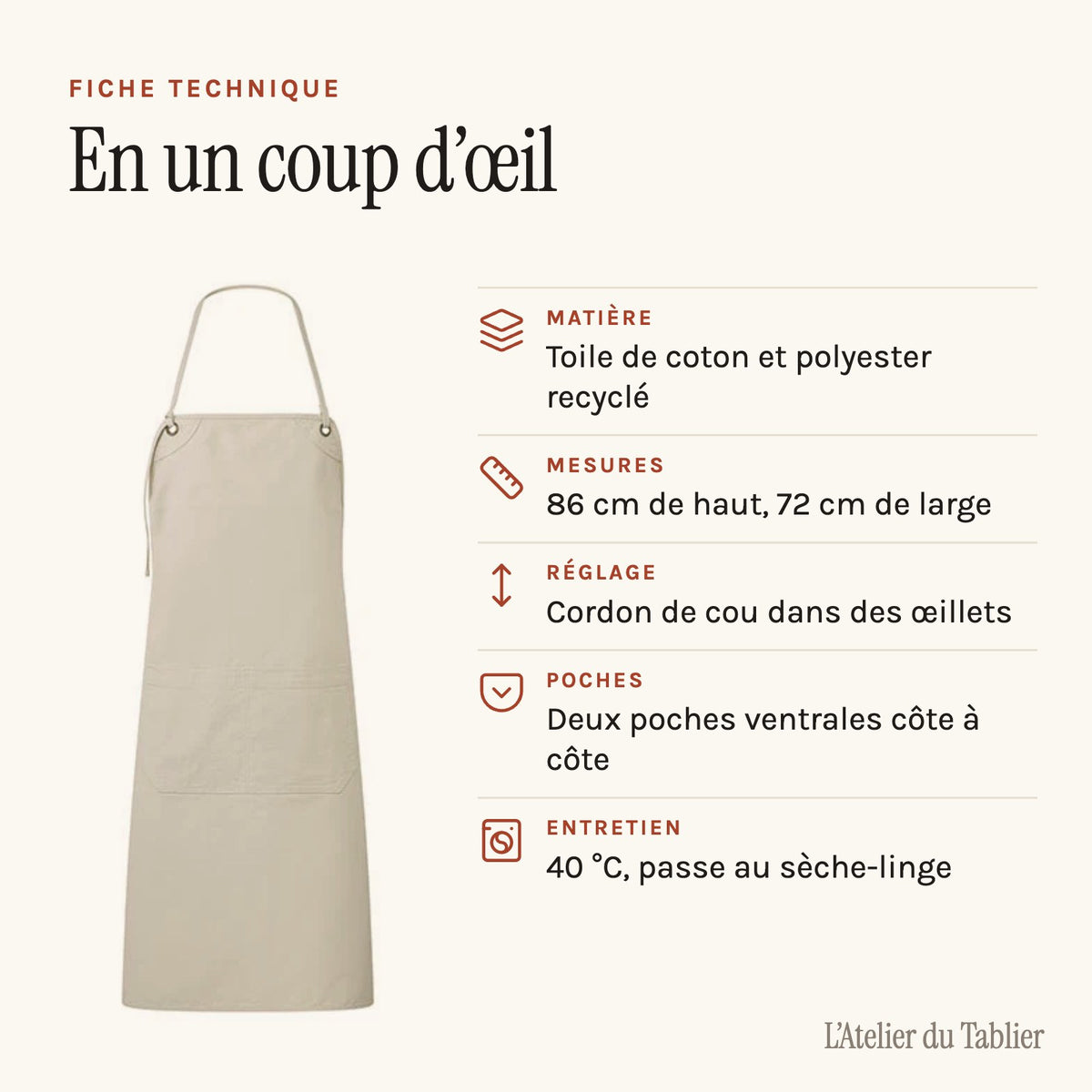 Tablier jardinier homme en toile épaisse, fiche technique