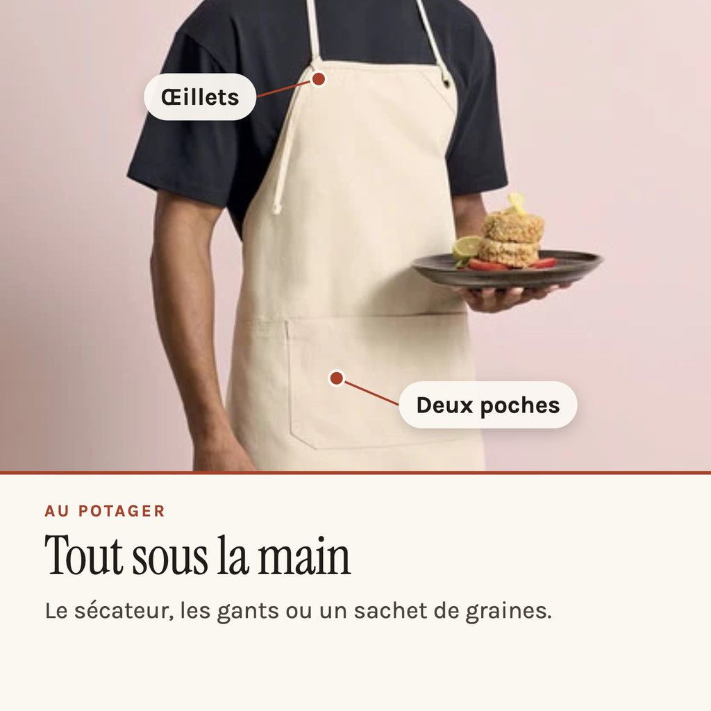 Tablier jardinier homme en toile épaisse, poches et œillets, porté