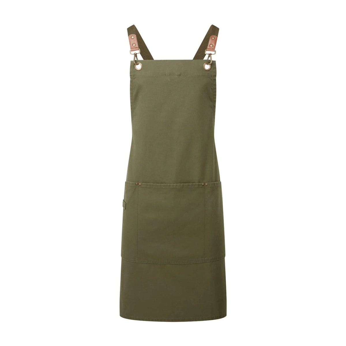 Tablier de jardinier, coloris vert olive, sur fond blanc