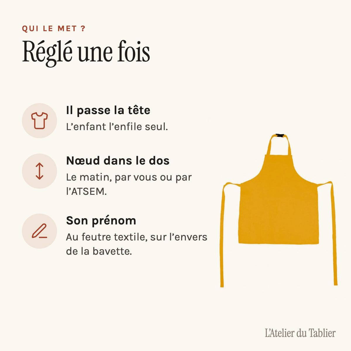 Tablier jaune pour la maternelle, jaune, comment il se met