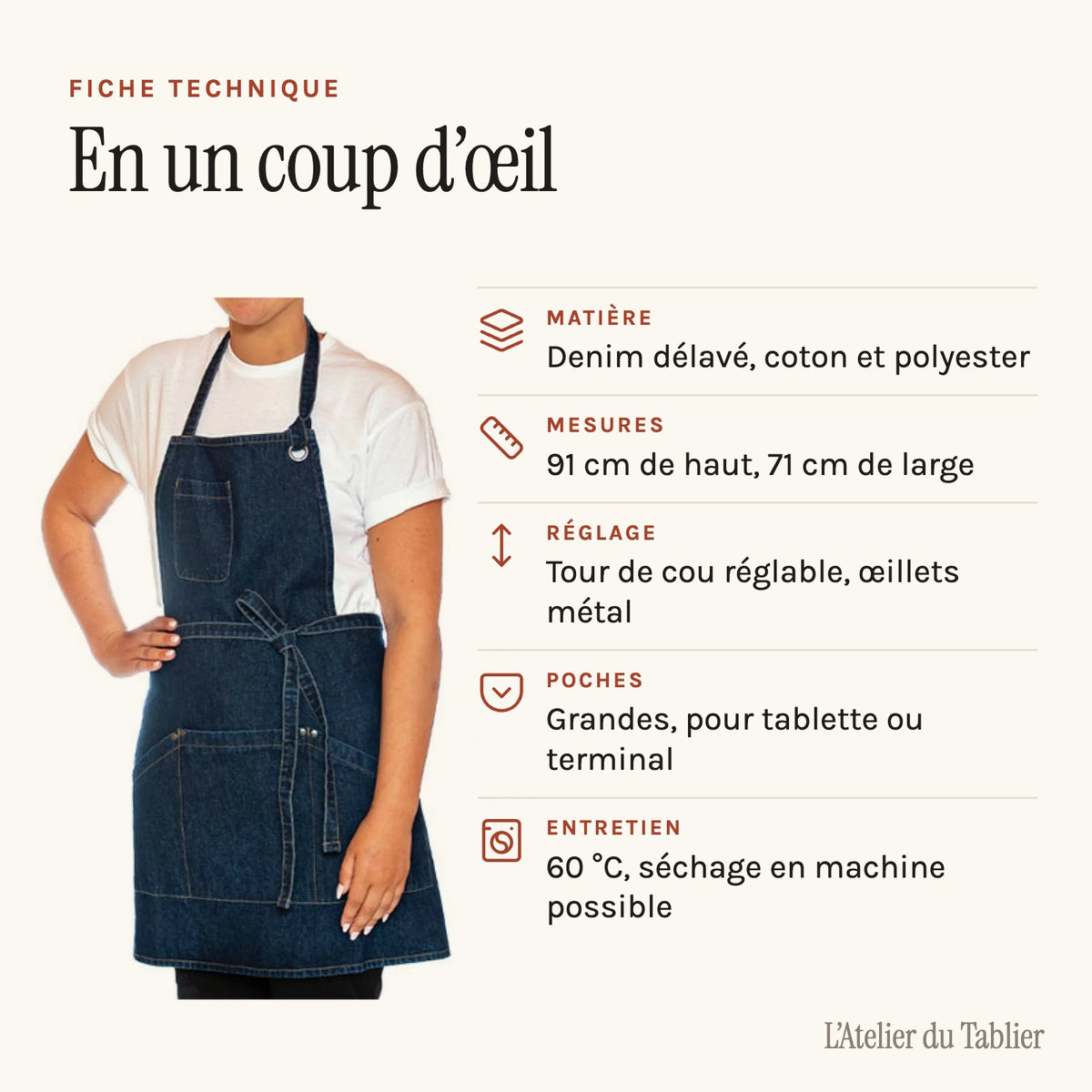 Kochschürze aus Jeansstoff, verwaschen, technisches Datenblatt