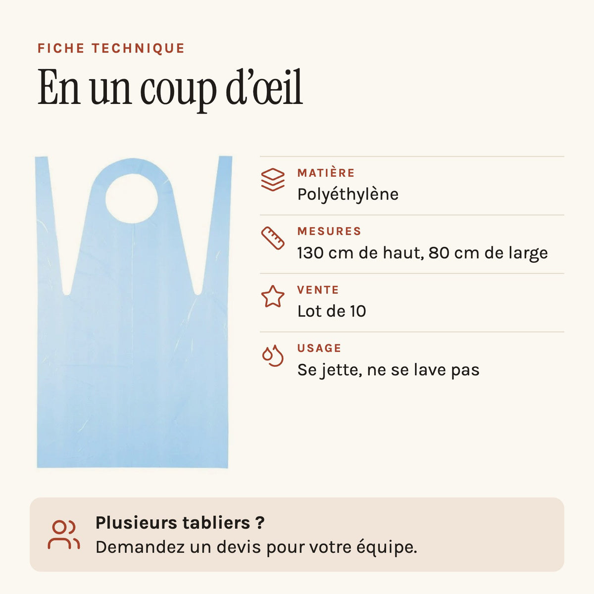 Tablier jetable médical bleu, fiche technique