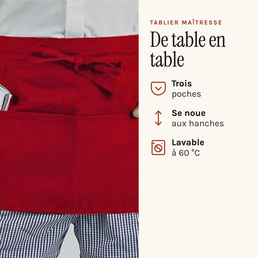Teacher's apron, red, worn, pockets filled