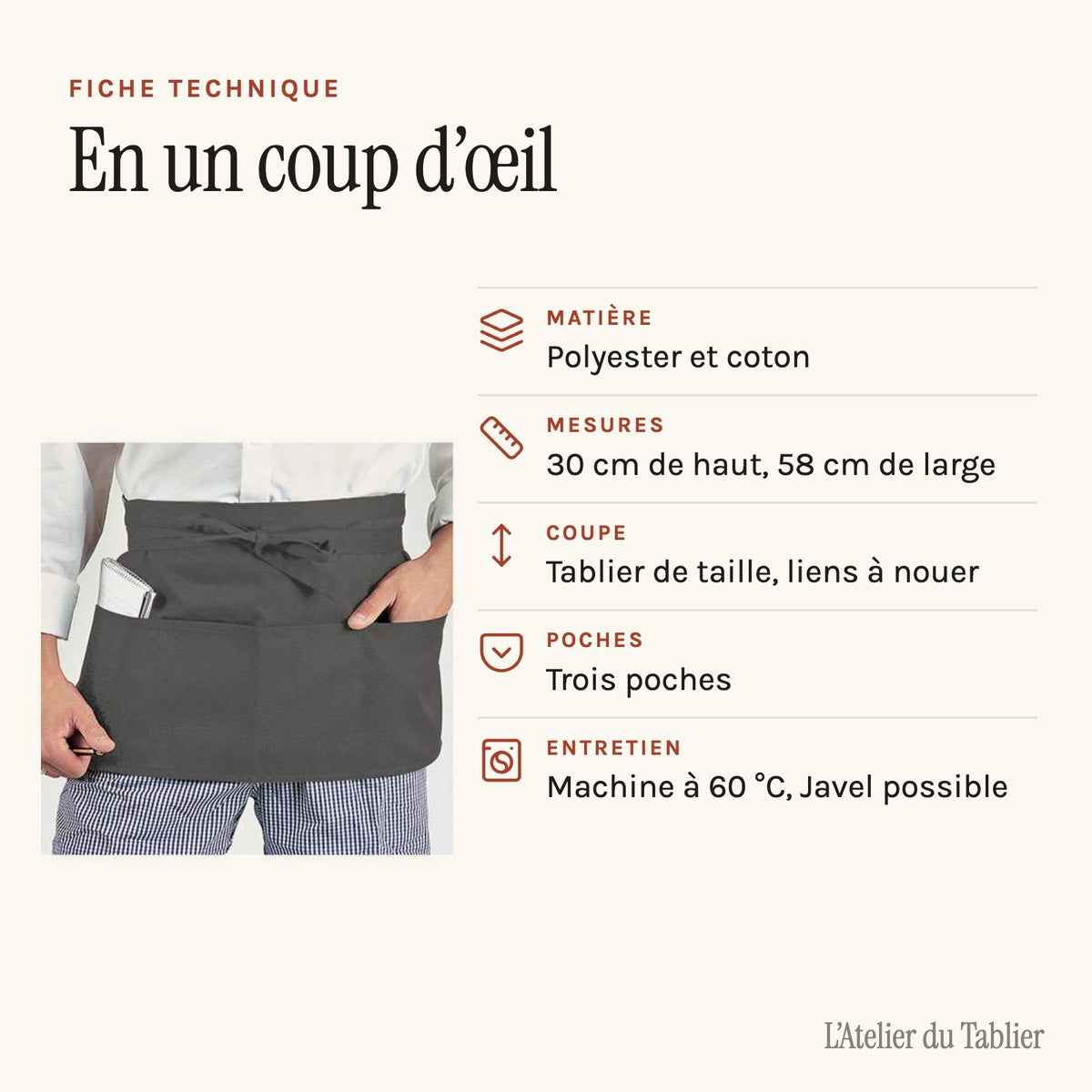 Teacher's apron, size and specification sheet