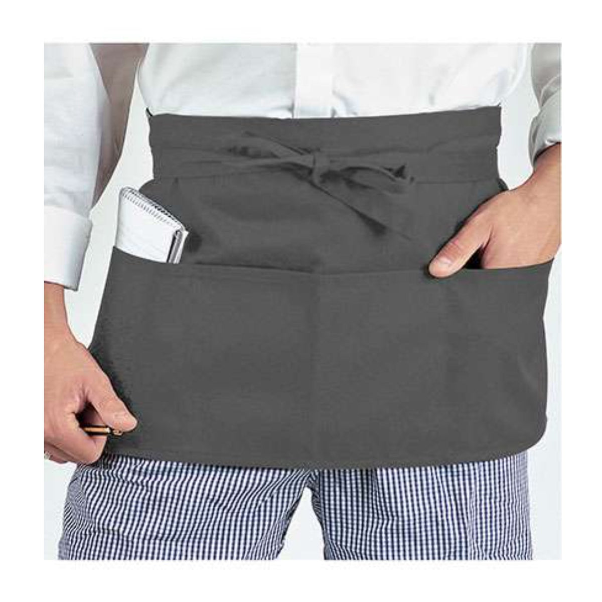 Teacher's apron, dark grey, worn