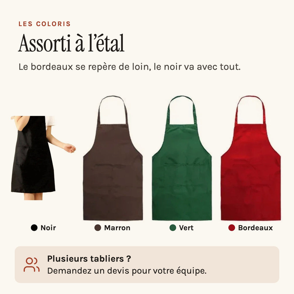 Tablier marché à bavette, à nouer à la taille, les quatre coloris