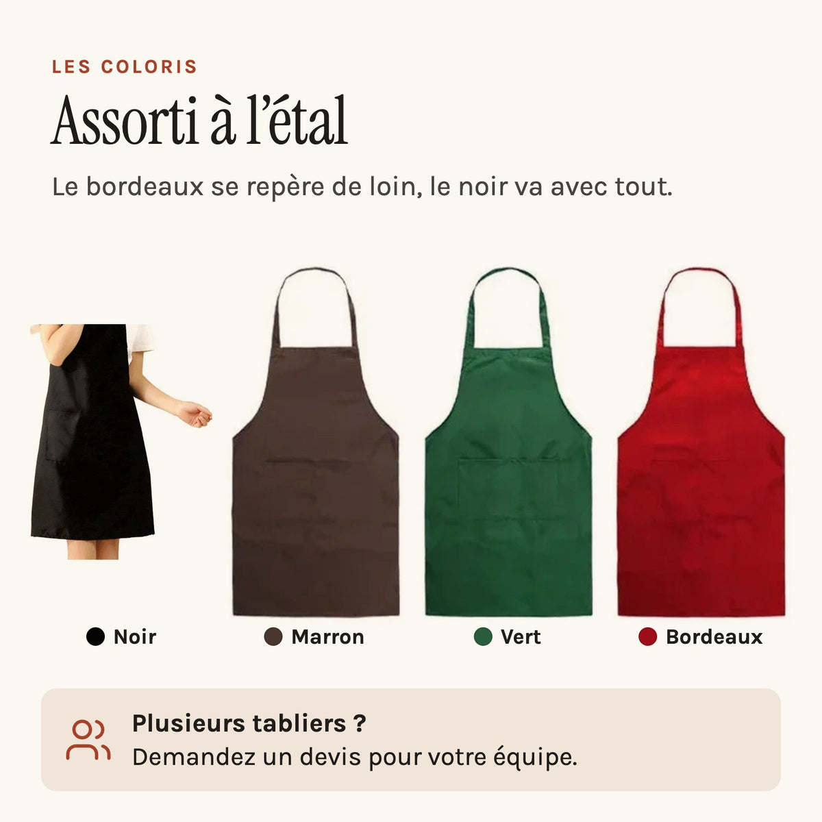Tablier marché à bavette, à nouer à la taille, les quatre coloris