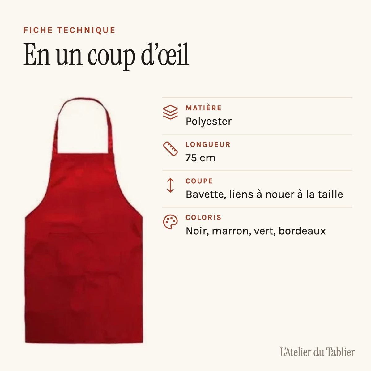 Tablier marché à bavette, à nouer à la taille, fiche technique