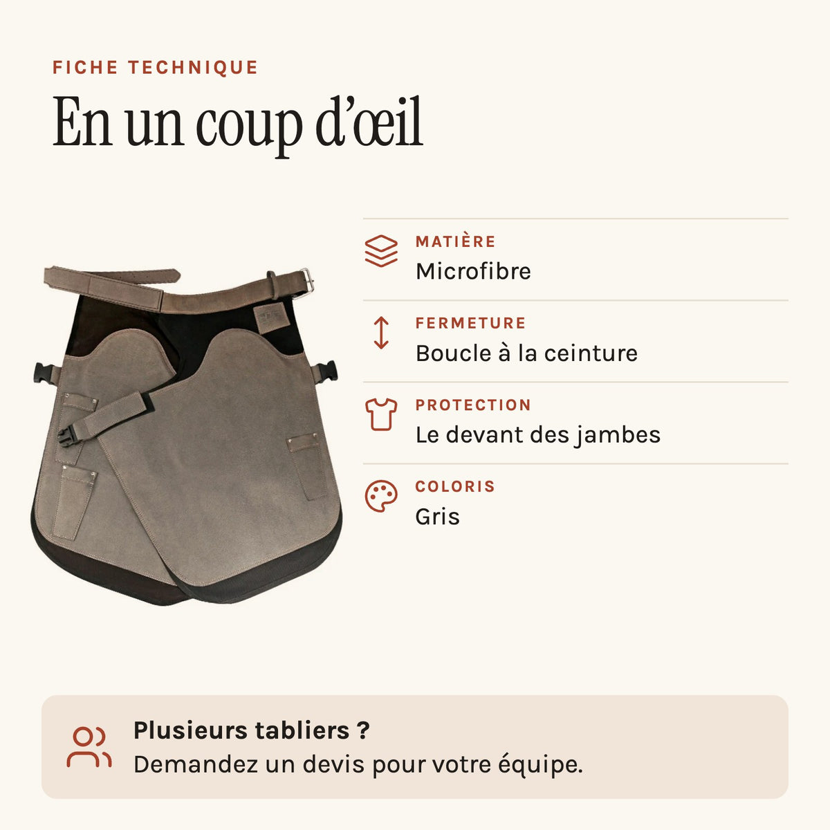 Farrier's apron, grey, size and specification sheet