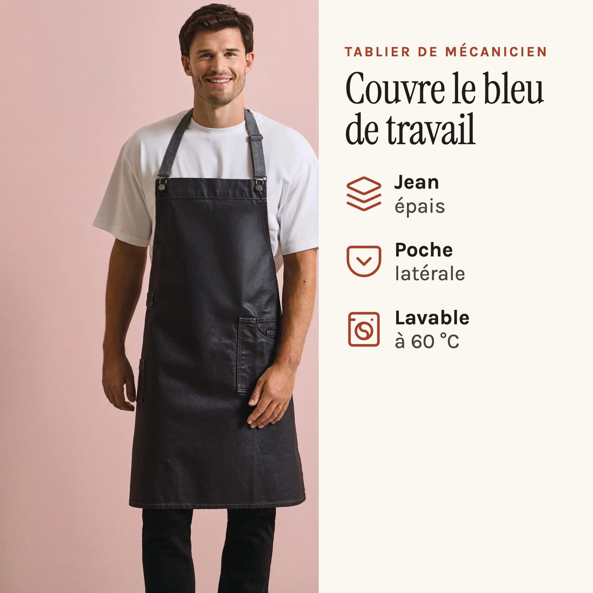 Tablier de mécanicien en jean épais, aspect ciré, noir, porté