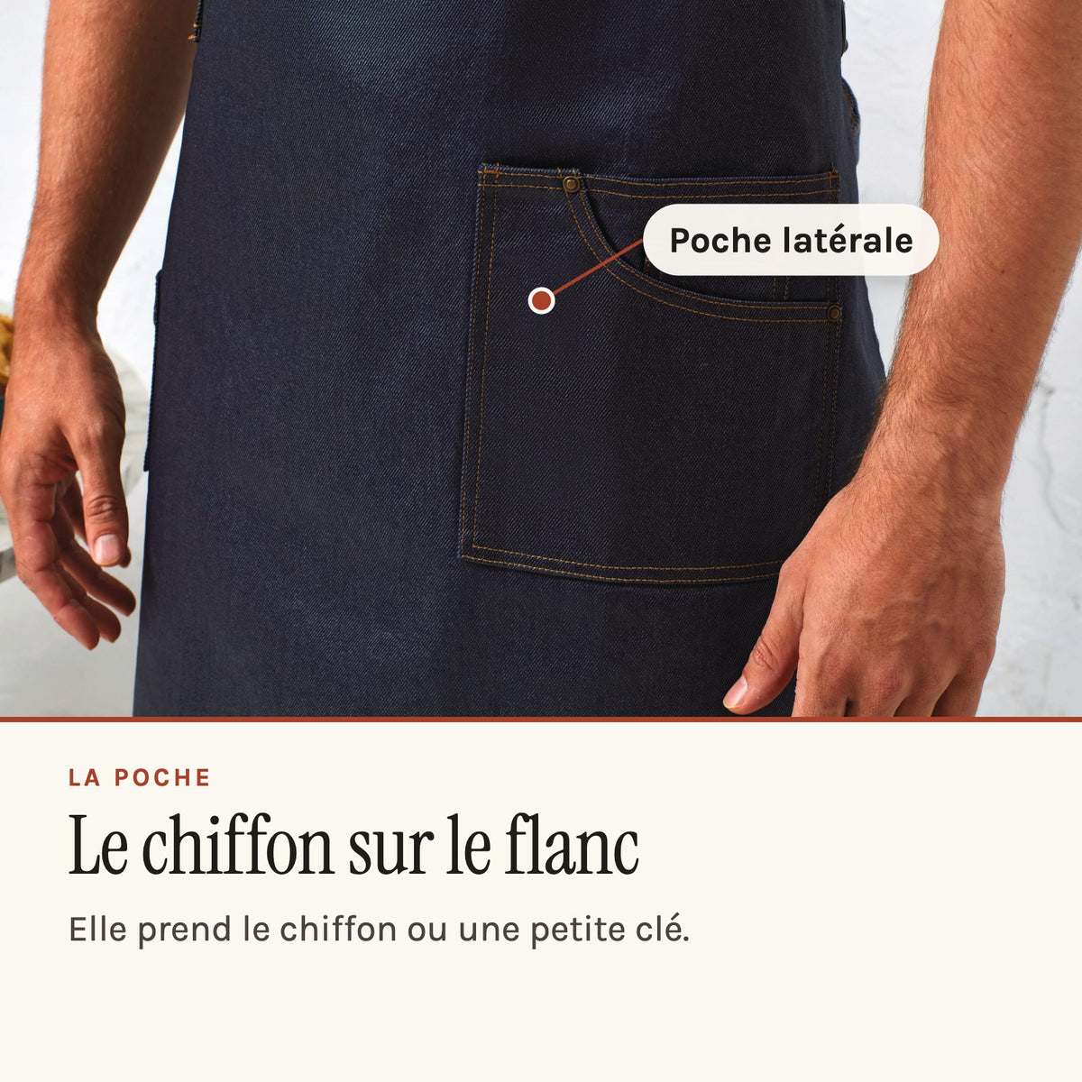 Tablier de mécanicien en jean épais, aspect ciré, indigo, poche latérale