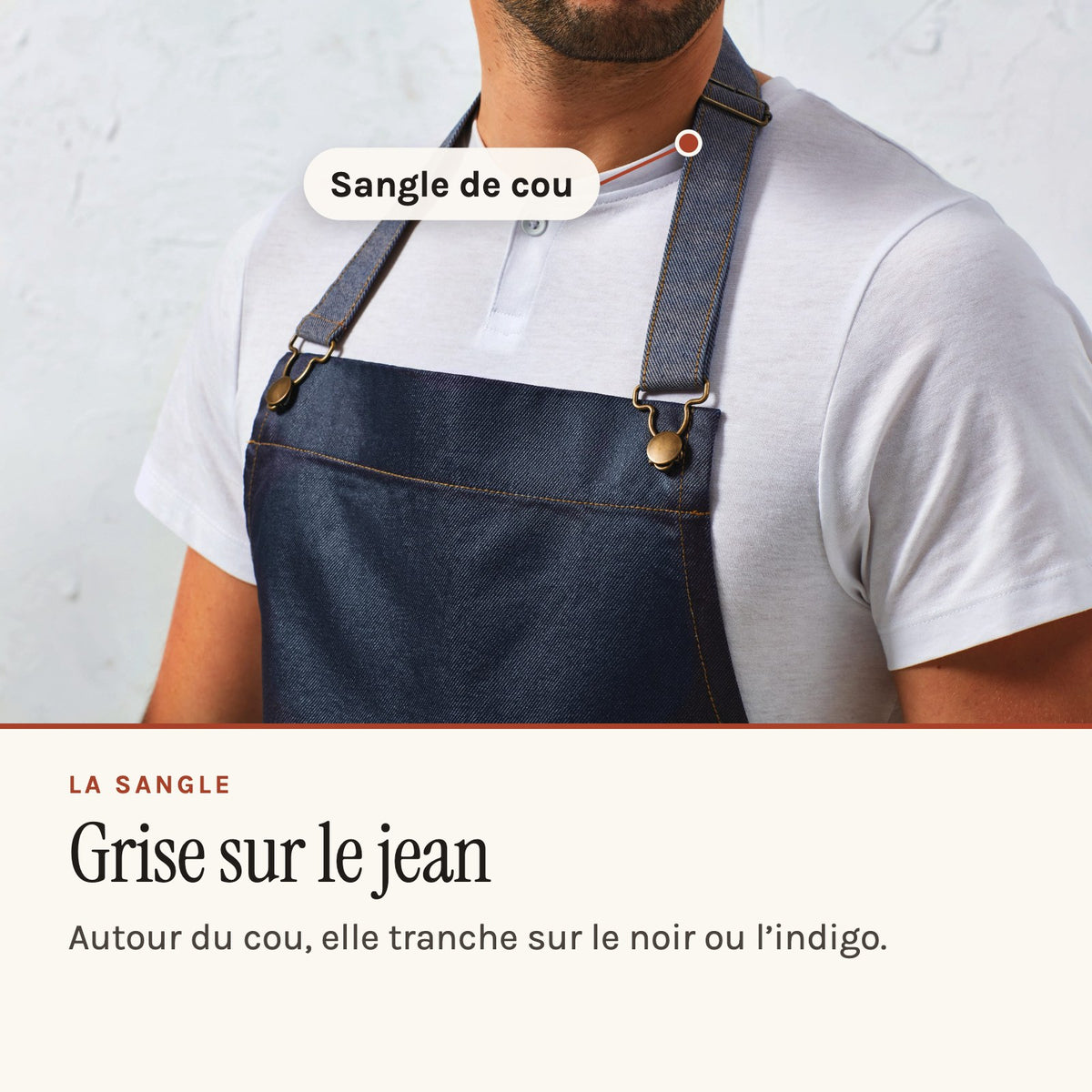 Tablier de mécanicien en jean épais, aspect ciré, indigo, sangle de cou grise