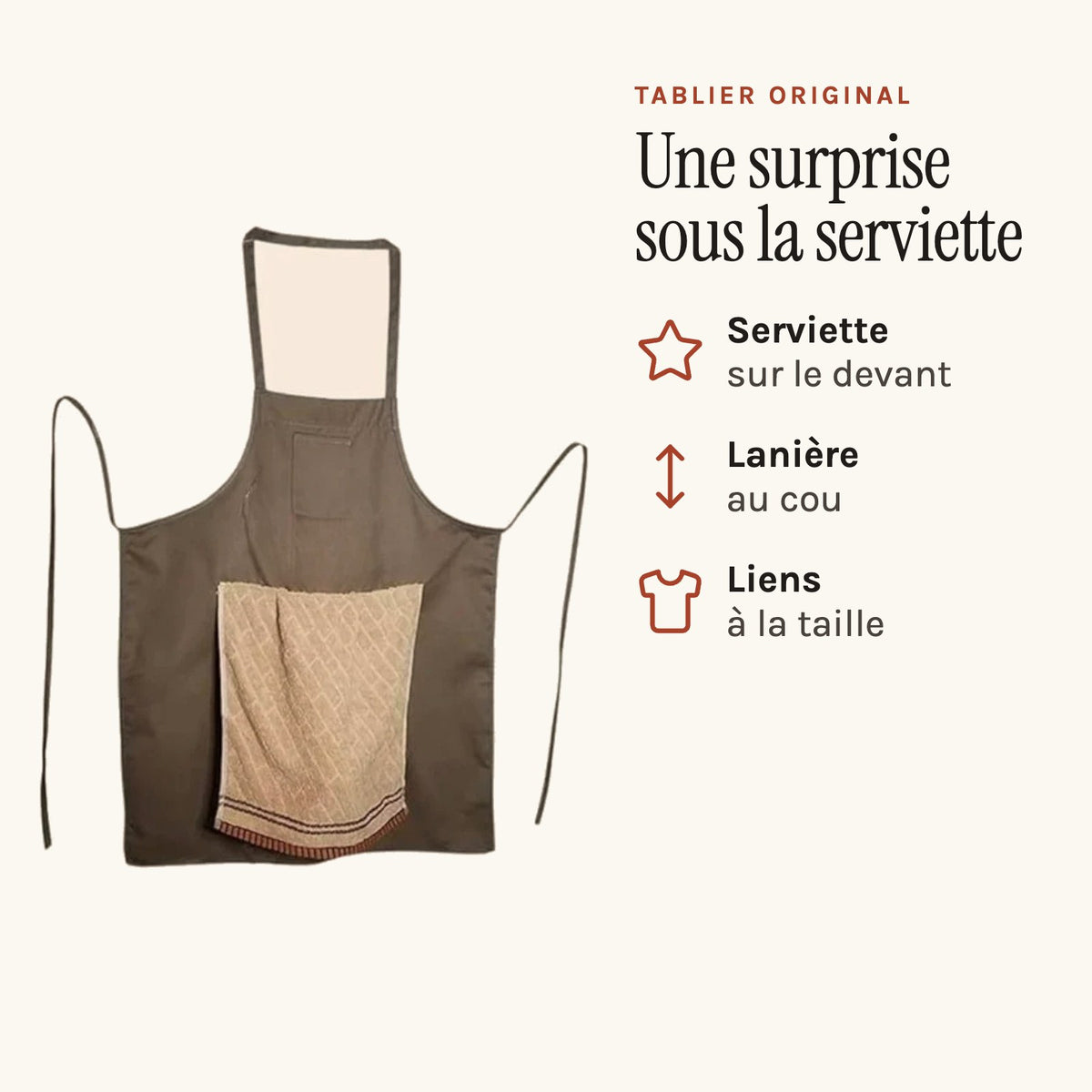 Tablier original à serviette farceuse, une surprise sous la serviette