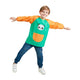 Kinderschürze Panda mit langen Ärmeln, Grün und Orange, getragen