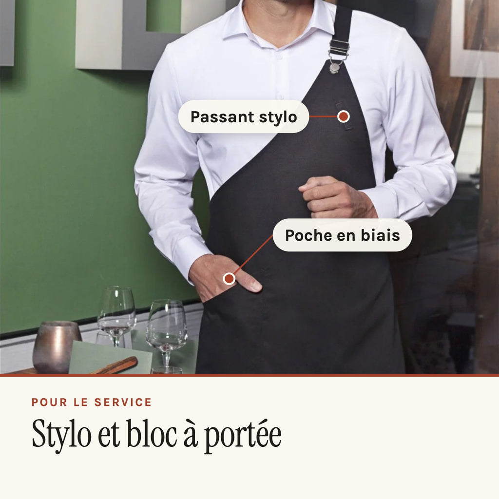 Kellnerschürze Pariser Art, Stiftschlaufe und schräge Tasche
