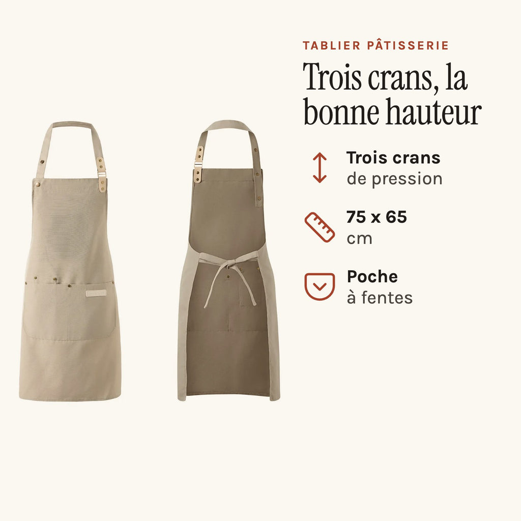 Tablier pâtisserie à bavette réglable en trois crans, beige, de face et de dos
