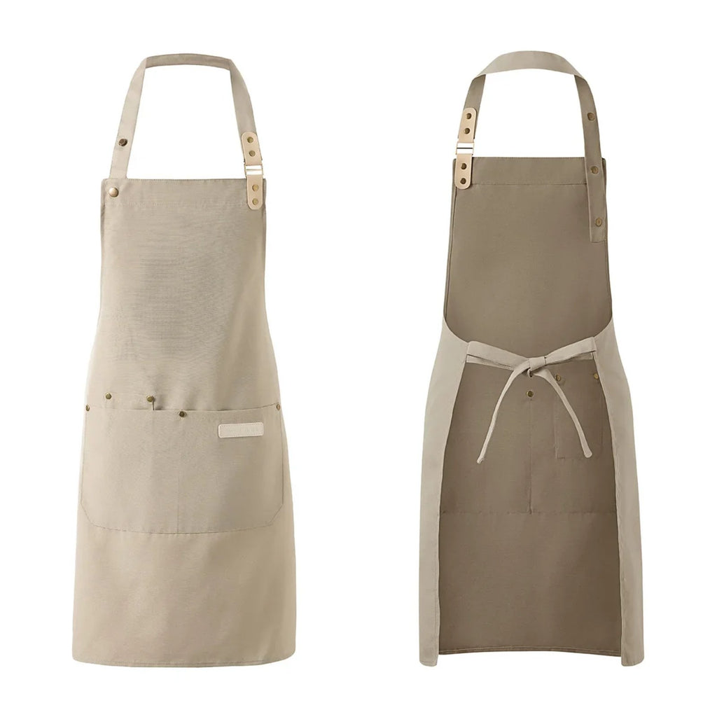 Tablier pâtisserie à bavette réglable en trois crans, beige, de face et de dos
