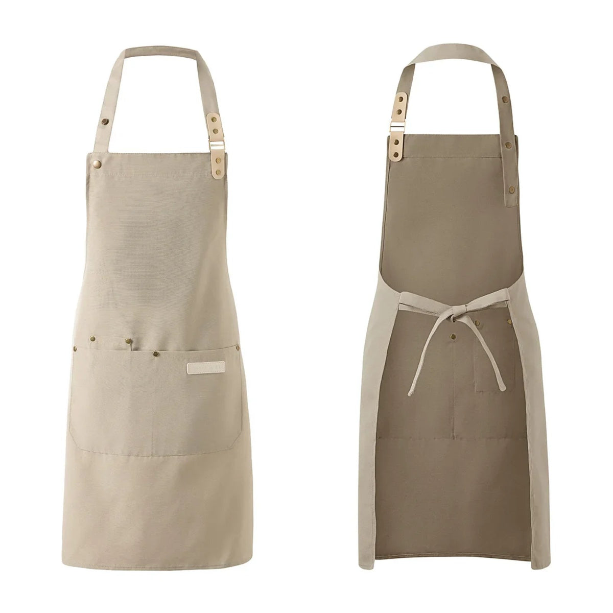 Tablier pâtisserie à bavette réglable en trois crans, beige, de face et de dos