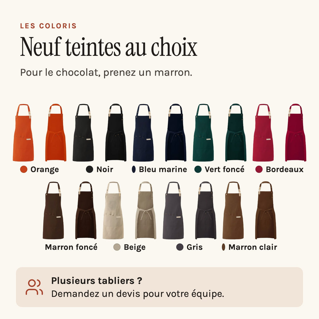 Tablier pâtisserie à bavette réglable en trois crans, les neuf teintes