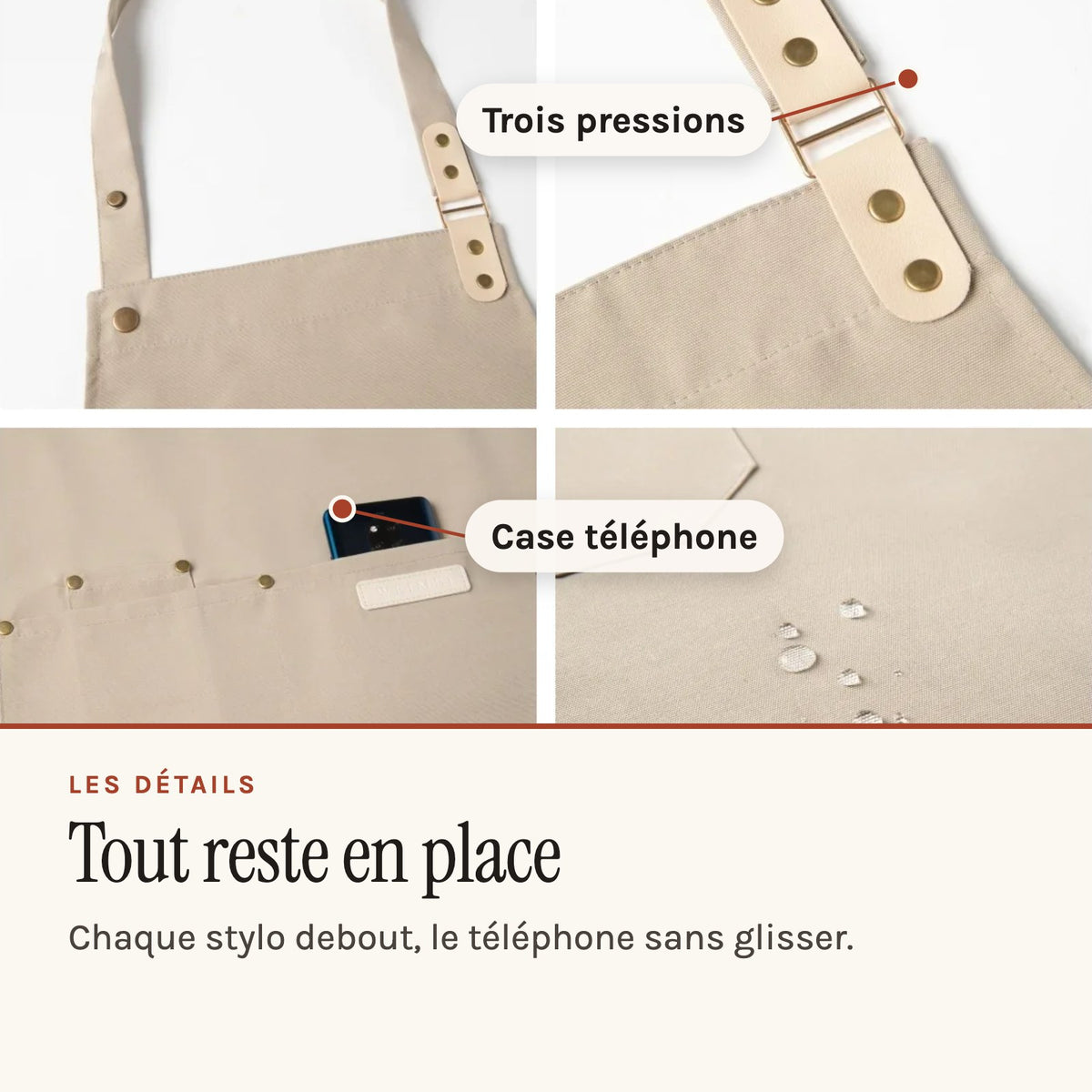 Tablier pâtisserie à bavette réglable en trois crans, pressions de la sangle et poche à fentes