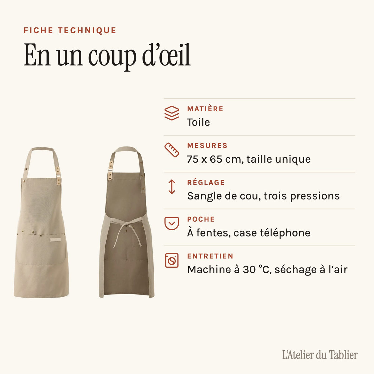 Tablier pâtisserie à bavette réglable en trois crans, fiche technique